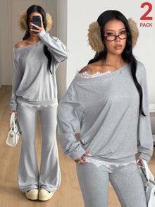 Coolane Setelan 2 Potong Wanita Ukuran Plus untuk Musim Gugur dan Musim Dingin, Pakaian Sehari-hari Elegan dan Formal untuk Acara Keluar, Motif Renda Kontras, Lengan Panjang dengan Bahu Jatuh dan Celana Lebar, Warna Abu-abu. - Light Grey - View 3