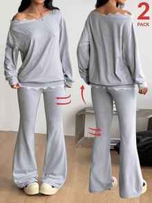 Coolane Setelan 2 Potong Wanita Ukuran Plus untuk Musim Gugur dan Musim Dingin, Pakaian Sehari-hari Elegan dan Formal untuk Acara Keluar, Motif Renda Kontras, Lengan Panjang dengan Bahu Jatuh dan Celana Lebar, Warna Abu-abu. - Light Grey - View 2