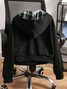 SHEIN 女童秋冬格紋連帽拉鍊運動衫，胸前小馬印花寬鬆休閒外套，適合日常通勤、上學與外出穿搭的多功能連帽衫 - 黑色 - 查看 3