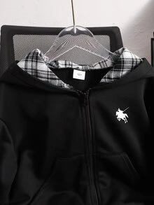 SHEIN 女童秋冬格紋連帽拉鍊運動衫，胸前小馬印花寬鬆休閒外套，適合日常通勤、上學與外出穿搭的多功能連帽衫 - 黑色 - 查看 8