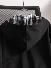 SHEIN 女童秋冬格紋連帽拉鍊運動衫，胸前小馬印花寬鬆休閒外套，適合日常通勤、上學與外出穿搭的多功能連帽衫 - 黑色 - 查看 9