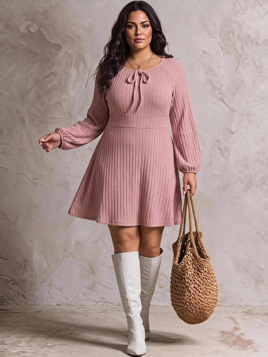 SHEIN CURVE+ فستان نسائي مقاس كبير بقصة A-Line وأكمام طويلة - وردي - مشاهدة 1