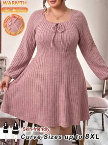 SHEIN CURVE+ فستان نسائي مقاس كبير بقصة A-Line وأكمام طويلة - وردي - مشاهدة 7