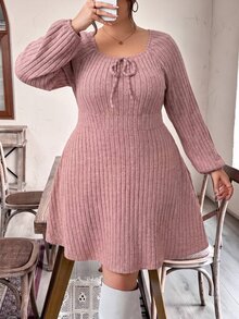 SHEIN CURVE+ فستان نسائي مقاس كبير بقصة A-Line وأكمام طويلة - وردي - مشاهدة 5
