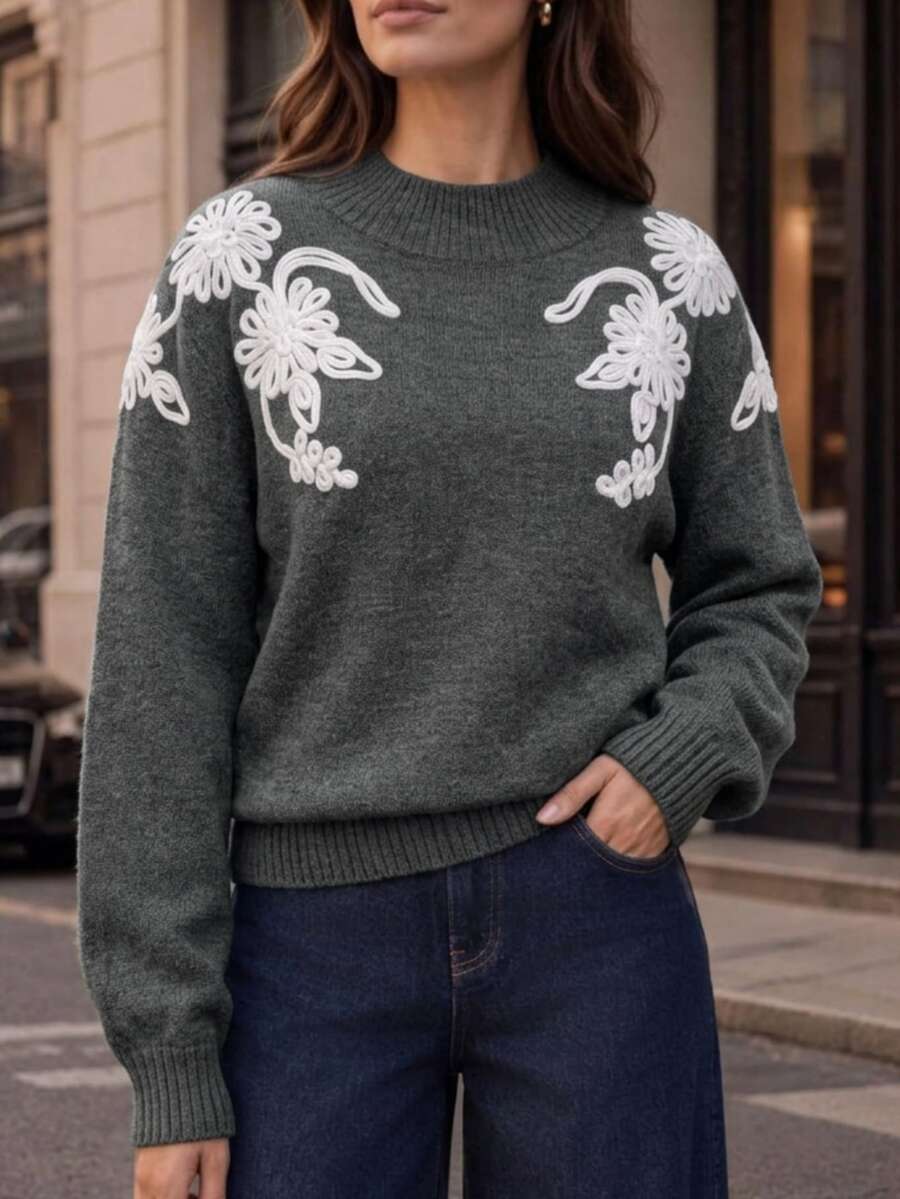 Velvienne Women's Autumn/Winter New Plus Size Crew Neck Embroidered Unique Design French Lazy Style Casual Versatile Date Commute Fitted Long Sleeve Knit Pullover Sweater - Grey - View 1