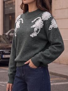 Velvienne Women's Autumn/Winter New Plus Size Crew Neck Embroidered Unique Design French Lazy Style Casual Versatile Date Commute Fitted Long Sleeve Knit Pullover Sweater - Grey - View 4
