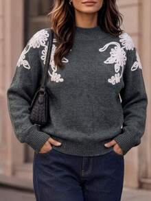 Velvienne Women's Autumn/Winter New Plus Size Crew Neck Embroidered Unique Design French Lazy Style Casual Versatile Date Commute Fitted Long Sleeve Knit Pullover Sweater - Grey - View 3