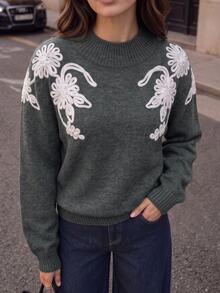 Velvienne Women's Autumn/Winter New Plus Size Crew Neck Embroidered Unique Design French Lazy Style Casual Versatile Date Commute Fitted Long Sleeve Knit Pullover Sweater - Grey - View 5