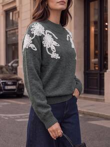 Velvienne Women's Autumn/Winter New Plus Size Crew Neck Embroidered Unique Design French Lazy Style Casual Versatile Date Commute Fitted Long Sleeve Knit Pullover Sweater - Grey - View 6