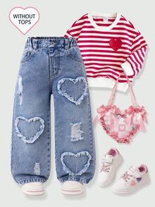 SHEIN Young Girls' Baby Blue Washed Denim Jeans, Heart-Shaped Frayed Distressed Design, Loose Wide Leg Fit, Classic ButtonZipper Closure, Summer - Light Wash - View 6