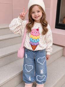 SHEIN Young Girls' Baby Blue Washed Denim Jeans, Heart-Shaped Frayed Distressed Design, Loose Wide Leg Fit, Classic ButtonZipper Closure, Summer - Light Wash - View 4