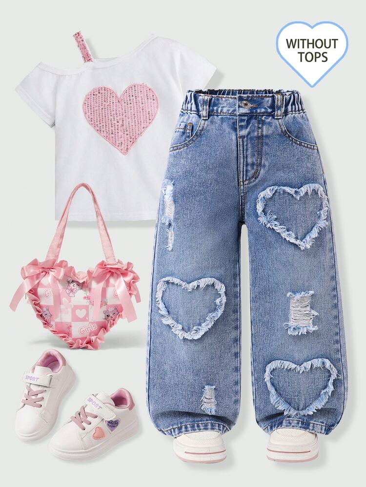 SHEIN Young Girls' Baby Blue Washed Denim Jeans, Heart-Shaped