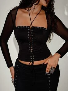 Orbivine Plus Size Women's Mesh Patchwork Lace-Up Design Slim Fit Versatile Top - Black - View 5