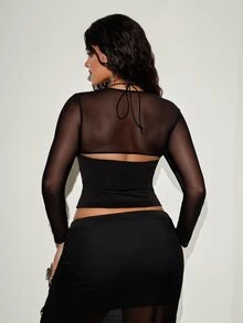Orbivine Plus Size Women's Mesh Patchwork Lace-Up Design Slim Fit Versatile Top - Black - View 2