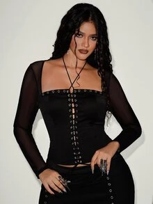 Orbivine Plus Size Women's Mesh Patchwork Lace-Up Design Slim Fit Versatile Top - Black - View 7