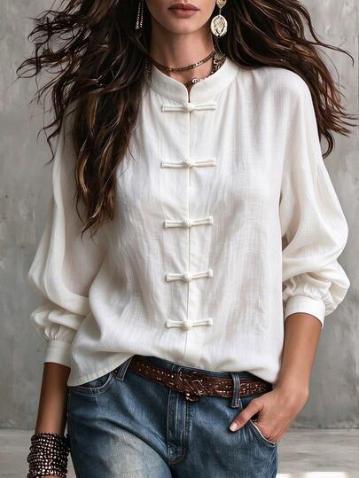 SHEIN Camisa de algodón de manga larga con cuello alto y botones de rana, estilo chino nuevo, adecuada para uso diario, té de la tarde, reuniones y viajes