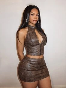 Slaydiva Sexy New Chinese Style PU Brown Sleeveless Zipper Jacket For Women - A - Brown - View 9