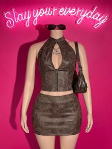 Slaydiva Sexy New Chinese Style PU Brown Sleeveless Zipper Jacket For Women - A - Brown - View 5