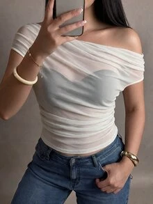 Orbivine 女款銀色針織提花不對稱單肩抓皺大尺碼上衣，適合夜店、派對、夏季、優雅休閒性感、新年穿搭 - 杏色 - 查看 7