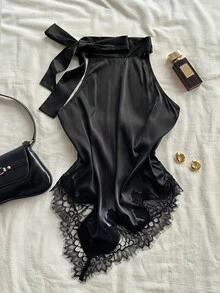 Attitoon 女款休閒蕾絲拼接綁繩上衣，復古緞面布料，Y2K風格，秋季服飾，適合日常通勤、派對、夏季、聖誕節、新年、感恩節、婚禮、海灘、出遊、約會、情人節，優雅度假風 - 黑色 - 查看 2
