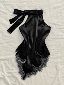 Attitoon 女款休閒蕾絲拼接綁繩上衣，復古緞面布料，Y2K風格，秋季服飾，適合日常通勤、派對、夏季、聖誕節、新年、感恩節、婚禮、海灘、出遊、約會、情人節，優雅度假風 - 黑色 - 查看 4