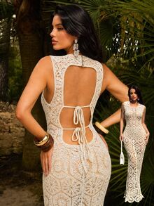 Sirith Women's Summer Solid Color Long Backless Hollow Out Crochet Beach Cover-Up, Regular Fit - Apricot - View 1