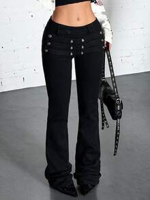 Jeanoix Y2K Fashion Gothic Style Button-Front Washed Low-Waist Flare Jeans - Black - View 1