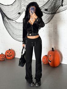 Jeanoix Y2K Fashion Gothic Style Button-Front Washed Low-Waist Flare Jeans - Black - View 4