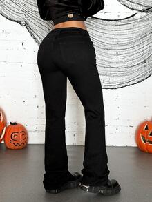 Jeanoix Y2K Fashion Gothic Style Button-Front Washed Low-Waist Flare Jeans - Black - View 2