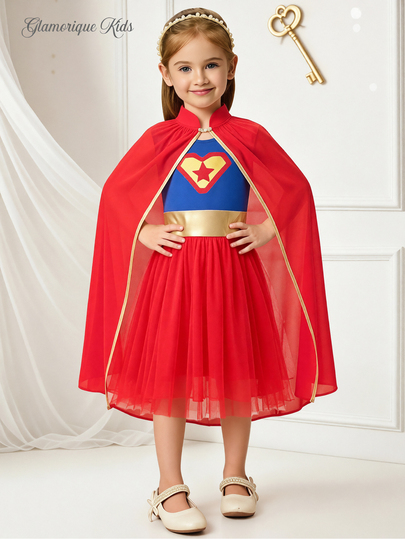 SHEIN Glamorique Kids فستان أميرة للبنات، فستان تول أحمر، مطبوع، حفلة عيد ميلاد مناسبة خاصة، ملابس حفلات، عباءة، جميع الفصول، الشتاء