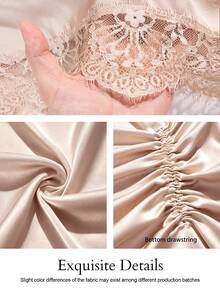 KIORVELLA Large Solid Color Satin Shimmering Fabric, Off-Shoulder Drawstring Lace Trim Loose Party Maxi Dress - Apricot - View 8