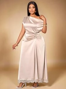 KIORVELLA Large Solid Color Satin Shimmering Fabric, Off-Shoulder Drawstring Lace Trim Loose Party Maxi Dress - Apricot - View 3