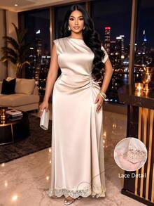 KIORVELLA Large Solid Color Satin Shimmering Fabric, Off-Shoulder Drawstring Lace Trim Loose Party Maxi Dress - Apricot - View 1