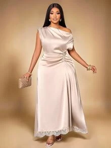 KIORVELLA Large Solid Color Satin Shimmering Fabric, Off-Shoulder Drawstring Lace Trim Loose Party Maxi Dress - Apricot - View 2