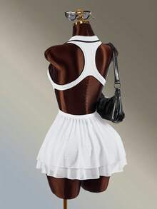 Amplova Women's Solid Color Ruffle Hem Back Cutout Sleeveless Sports Dress With Shorts - White - View 2