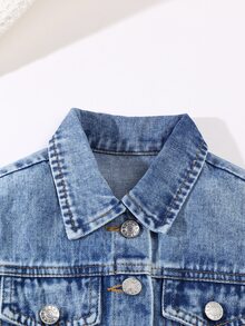 1 件女童休闲牛仔夹克，带蝴蝶结装饰，浅水洗蓝色，适合日常穿着和外出 - 淺色水洗藍 - 查看 5