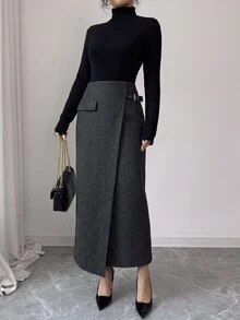 Elenzga 1pc Flap Detail Wrap Buckle Detail Skirt - Dark Grey - View 6