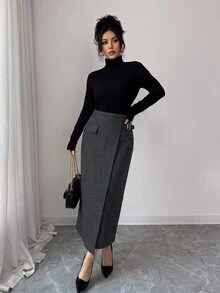 Elenzga 1pc Flap Detail Wrap Buckle Detail Skirt - Dark Grey - View 3