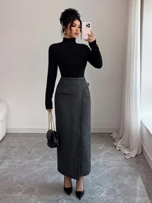 Elenzga 1pc Flap Detail Wrap Buckle Detail Skirt - Dark Grey - View 7