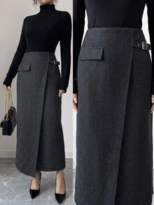 Elenzga 1pc Flap Detail Wrap Buckle Detail Skirt - Dark Grey - View 1