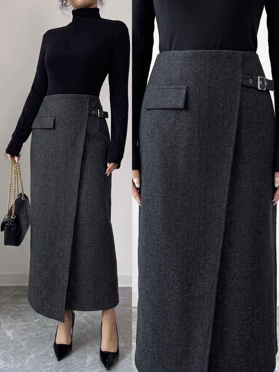 Elenzga 1pc Flap Detail Wrap Buckle Detail Skirt - Dark Grey - View 1
