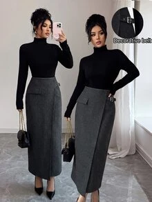Elenzga 1pc Flap Detail Wrap Buckle Detail Skirt - Dark Grey - View 5