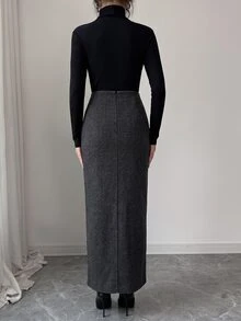 Elenzga 1pc Flap Detail Wrap Buckle Detail Skirt - Dark Grey - View 2