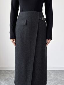 Elenzga 1pc Flap Detail Wrap Buckle Detail Skirt - Dark Grey - View 4