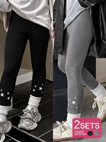 2件/包 女孩熱銷星星印花圖案百搭極簡時尚舒適休閒針織內搭褲，秋冬款 - 灰色 - 查看 2