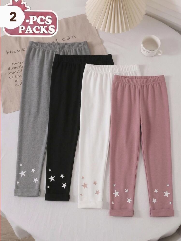 2pcs/Pack Girls Hot-Selling Star Print Pattern Versatile Minimalist Fashion Comfortable Casual Knitted Leggings,Autumn And Winter - Grey - View 1