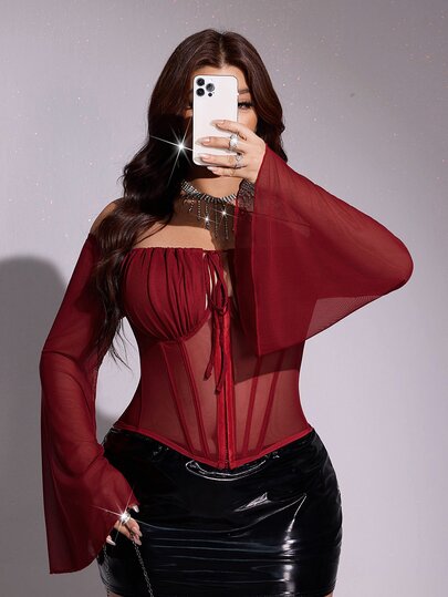 Viva Relle Burgundy Off Shoulder Sheer Chiffon Puff Flare Long Sleeve Corset Top Front Lace-Up Tassel Tie Boned