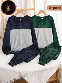 Teen Boys' New Popular Double-Sided Flannel Minimalist English Embroidery Patchwork Contrast Color Long Sleeve Top And Solid Color Long Pants 2-Piece Set - Navy Blue - View 1