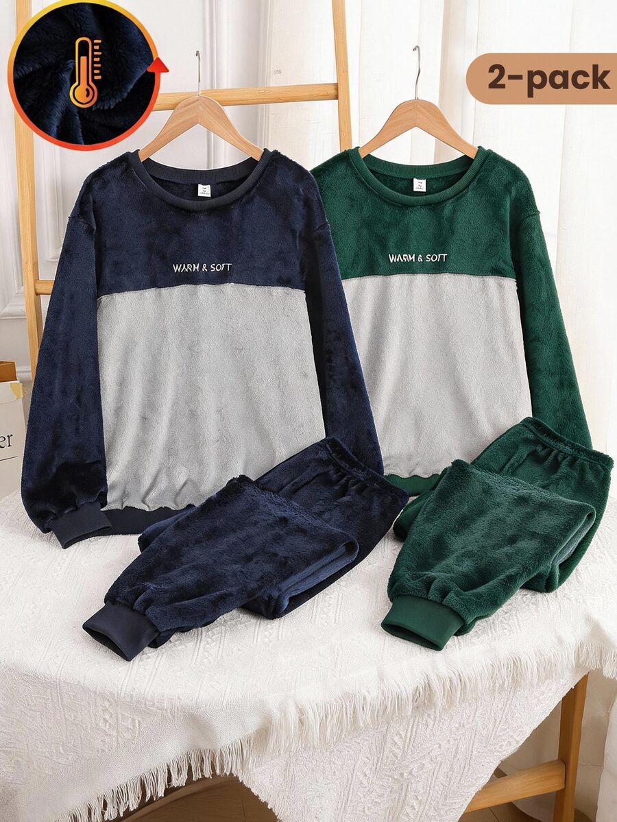 Teen Boys' New Popular Double-Sided Flannel Minimalist English Embroidery Patchwork Contrast Color Long Sleeve Top And Solid Color Long Pants 2-Piece Set - Navy Blue - View 1