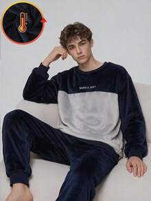 Teen Boys' New Popular Double-Sided Flannel Minimalist English Embroidery Patchwork Contrast Color Long Sleeve Top And Solid Color Long Pants 2-Piece Set - Navy Blue - View 4
